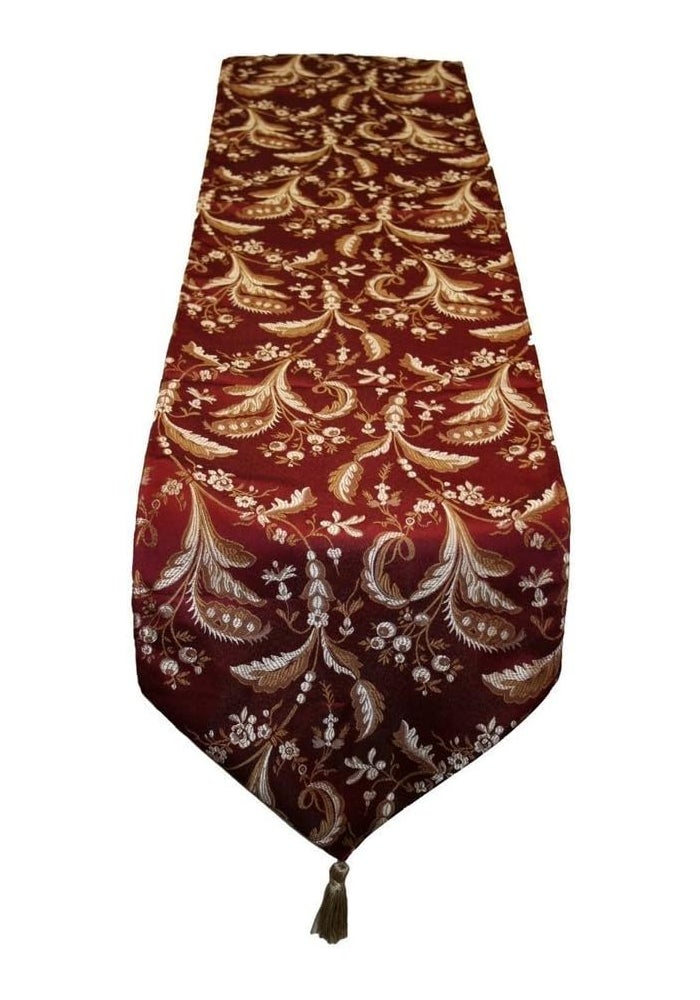Violet Linen Decorative Luxury Damask Vintage Design Table Runner, 13" x 70", Burgundy - Image 1